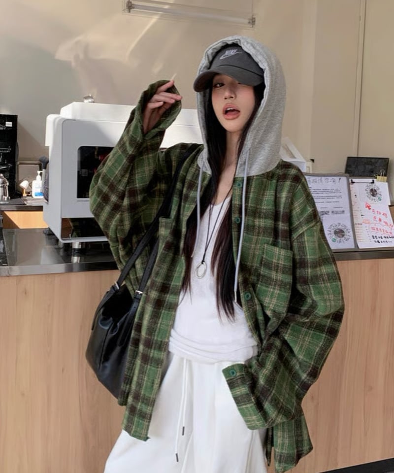 予約販売】起毛チェック柄シャツジャケット フード付 | KISHIKA