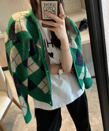 【予約販売】アーガイルニットカーディガン#グリーン