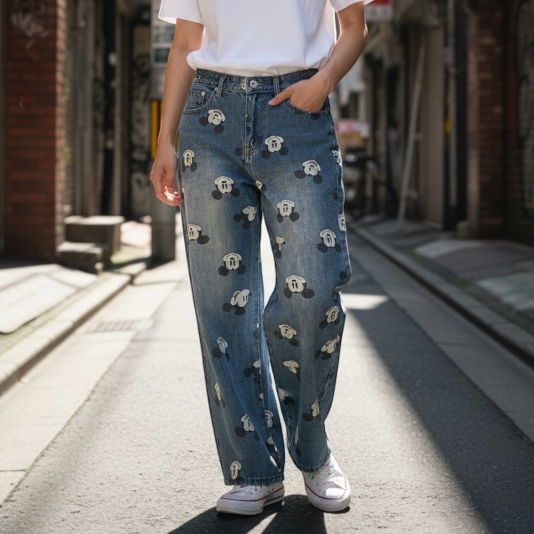 ミッキーマウスプリント☆リメイクデニムロングスカート 50%OFF】KURO
