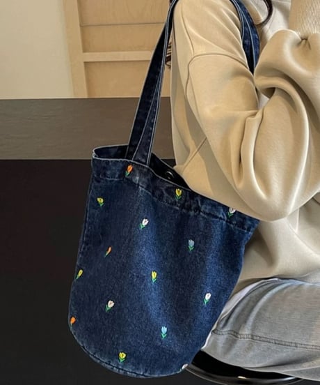 【予約販売】フラワー刺繍デニムトートバッグ