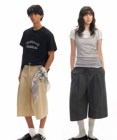 【予約販売】タック8分丈フリンジハーフパンツ #グレー ユニセックス