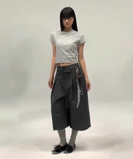 【予約販売】タック8分丈フリンジハーフパンツ #グレー ユニセックス