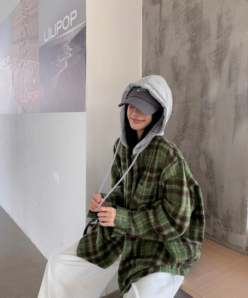 予約販売】起毛チェック柄シャツジャケット フード付 | KISHIKA