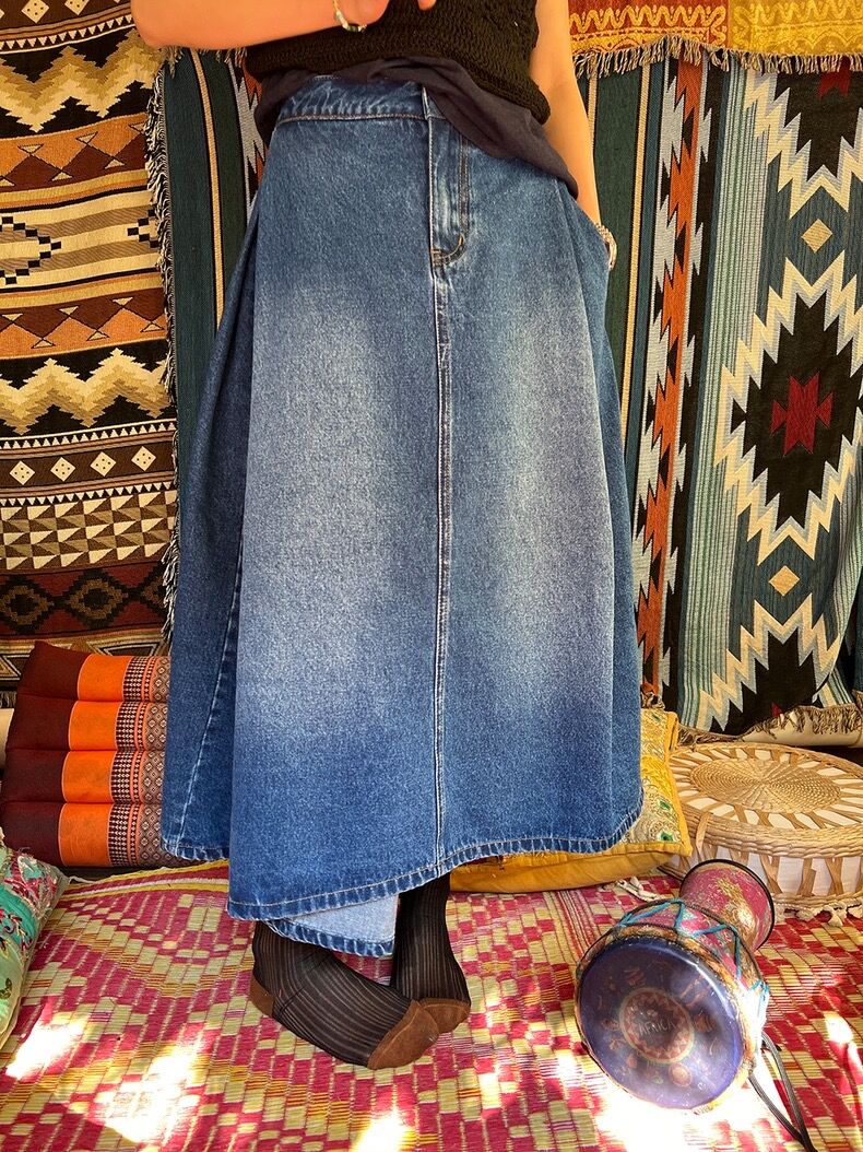 SALE【即納】アシンメトリーサイドプリーツデニムスカート#ネイビー 