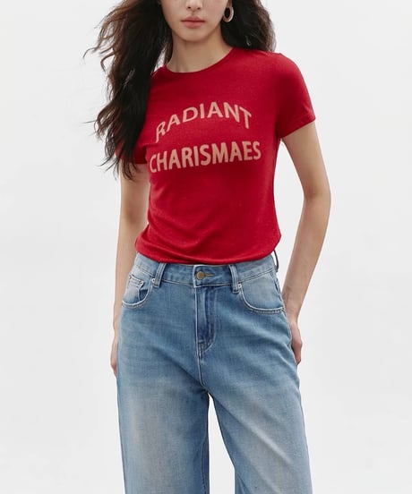 【予約販売】リヨセルリネン混紡レタープリント半袖Tシャツ レッド