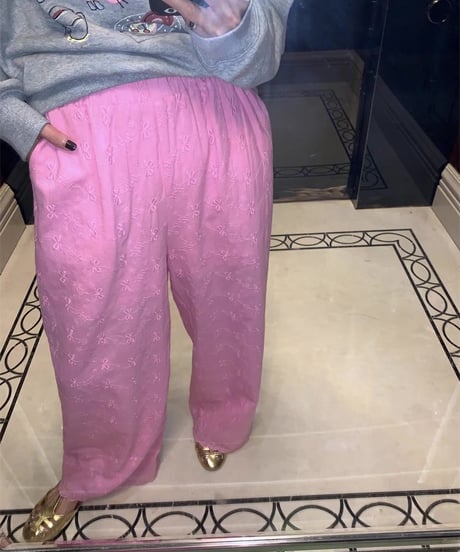 【予約販売】ハート刺繍 ヘムレース ワイドパンツ #ピンク