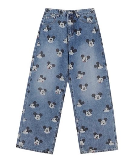 【予約販売】ビンテージ加工 ミッキープリントデニムパンツ