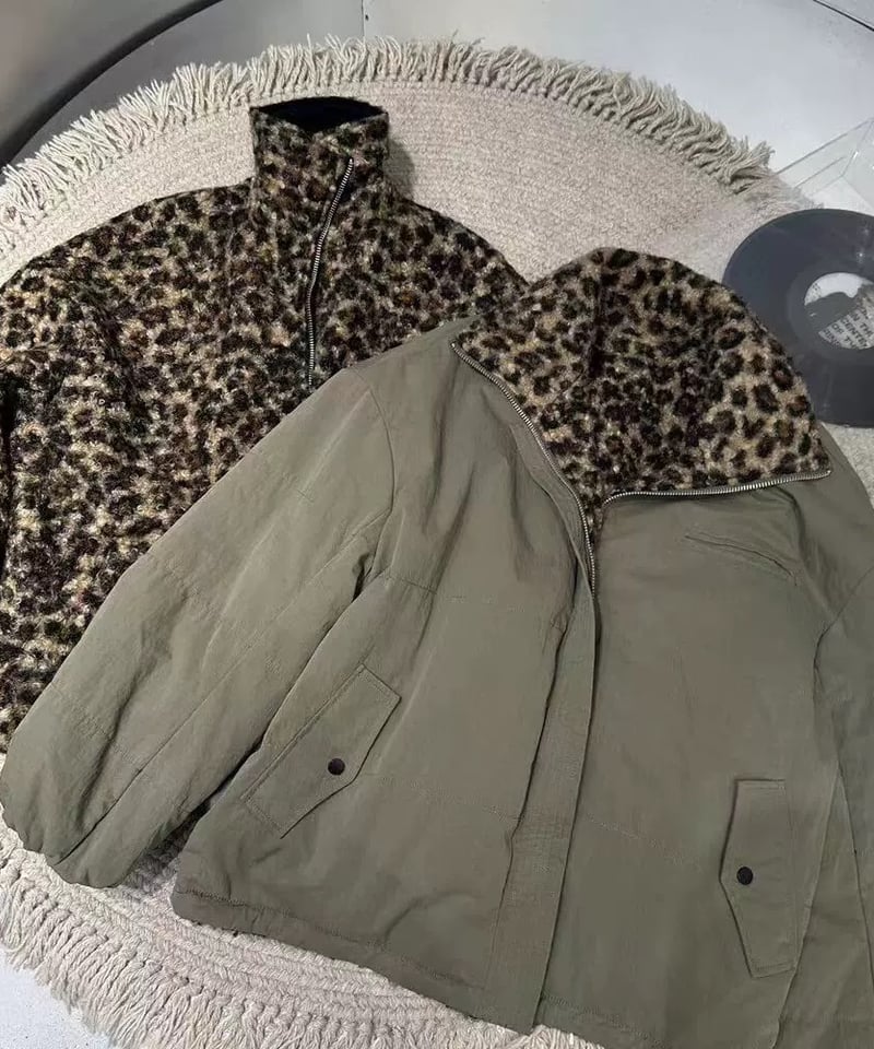 予約販売】リバーシブル レオパード柄ミリタリージャケット #カーキ