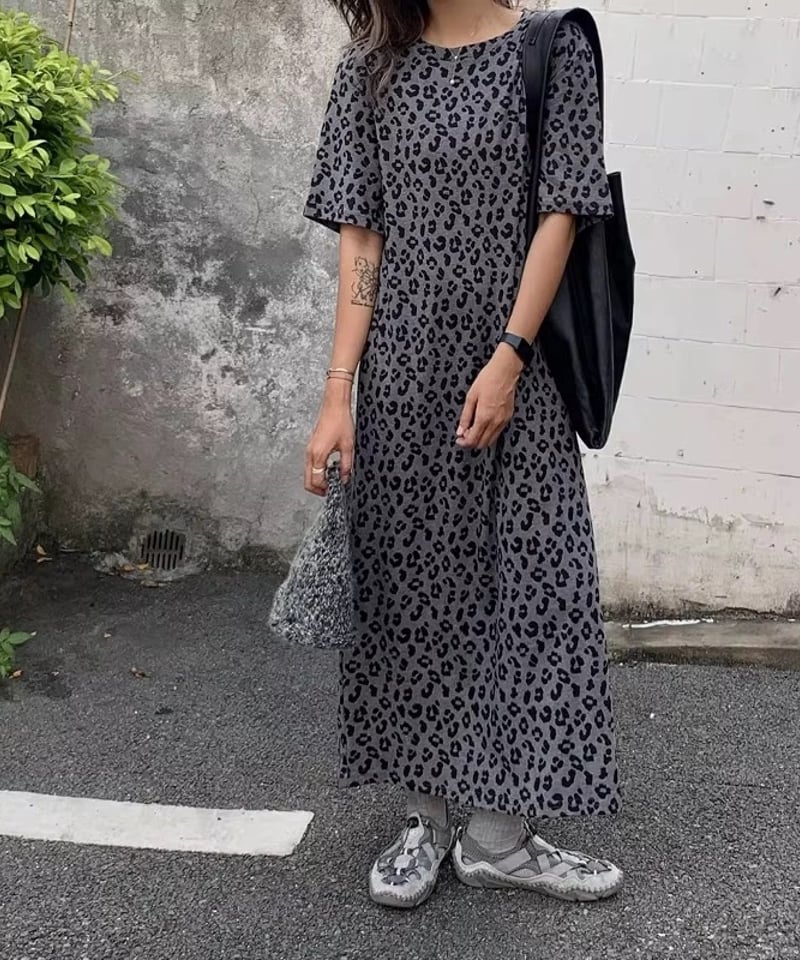 2025秋【予約販売】レオパード柄Tシャツワンピース#グレー | KISHIKA