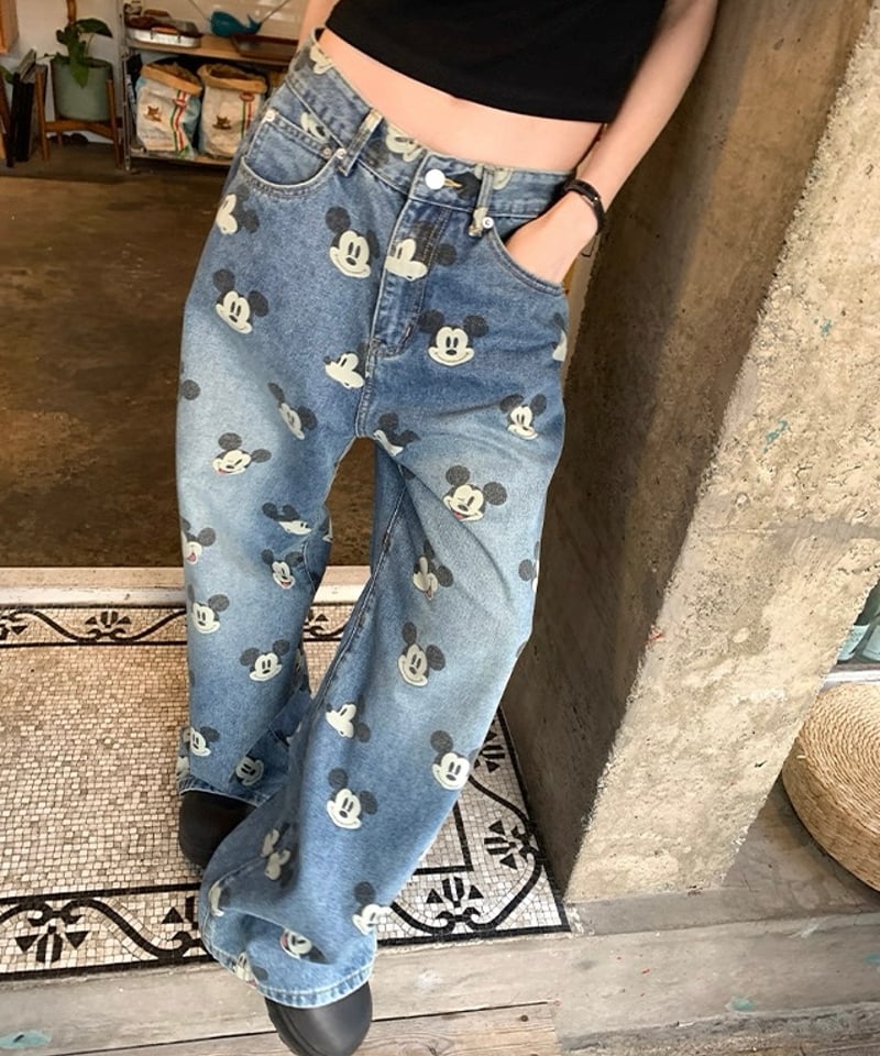 予約販売】ビンテージ加工 ミッキープリントデニムパンツ | KISHIKA