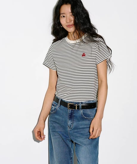 【予約販売】刺繍付アセテートボーダー半袖Tシャツ半袖Tシャツ