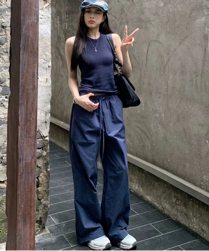 frank leder ネイビー イージーパンツ ドローストリング付き frank