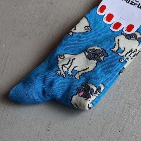 ククシュゼット 正規商品 靴下 レディース おしゃれ かわいい 犬 フランス クルー丈 Coucou Suzette パグ ソックス Pug Socks ブルー Blue