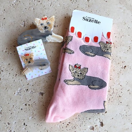 ククシュゼット 正規商品 靴下 レディース おしゃれ かわいい 犬 フランス クルー丈 Coucou Suzette ヨークシャ テリア ソックス Yorkshire Socks ピンク PInk