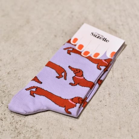ククシュゼット 正規商品 靴下 レディース メンズ かわいい 犬 クルー丈 Coucou Suzette ダックスフンド ソックス Dachshund Party Socks パープル Purple