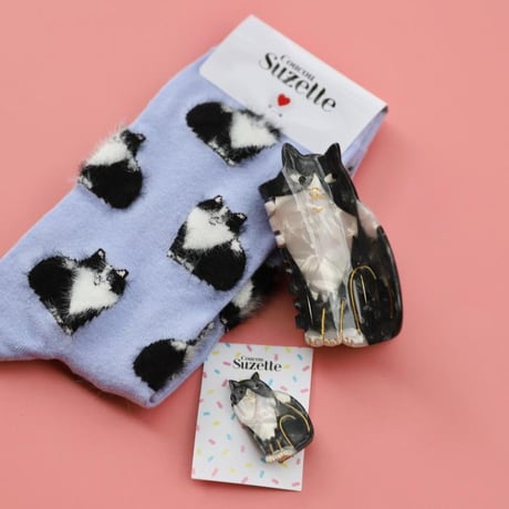 ククシュゼット 正規商品 靴下 レディース かわいい 猫 クルー丈 Coucou Suzette ブラック ホワイト キャット ソックス Black & White Cat Socks ライラック