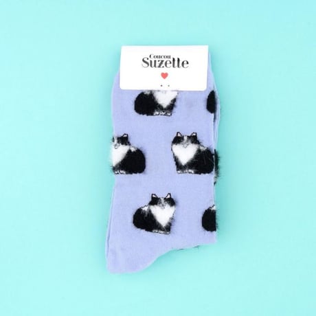 ククシュゼット 正規商品 靴下 レディース かわいい 猫 クルー丈 Coucou Suzette ブラック ホワイト キャット ソックス Black & White Cat Socks ライラック