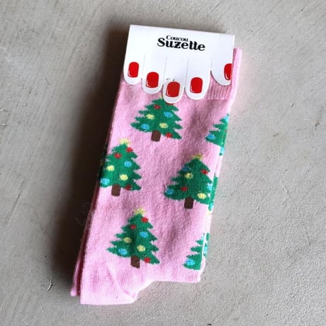 ククシュゼット 正規商品 靴下 レディース かわいい クルー丈 ギフト Coucou Suzette クリスマス ツリー ソックス Christmas Tree Socks ピンク×グリーン