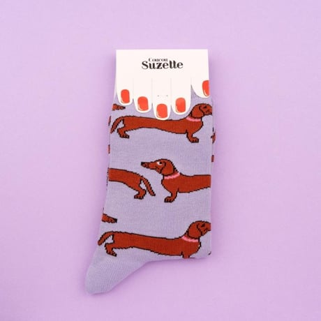 ククシュゼット 正規商品 靴下 レディース メンズ かわいい 犬 クルー丈 Coucou Suzette ダックスフンド ソックス Dachshund Party Socks パープル Purple