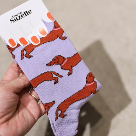 ククシュゼット 正規商品 靴下 レディース メンズ かわいい 犬 クルー丈 Coucou Suzette ダックスフンド ソックス Dachshund Party Socks パープル Purple