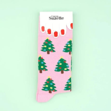 ククシュゼット 正規商品 靴下 レディース かわいい クルー丈 ギフト Coucou Suzette クリスマス ツリー ソックス Christmas Tree Socks ピンク×グリーン