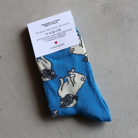 ククシュゼット 正規商品 靴下 レディース おしゃれ かわいい 犬 フランス クルー丈 Coucou Suzette パグ ソックス Pug Socks ブルー Blue