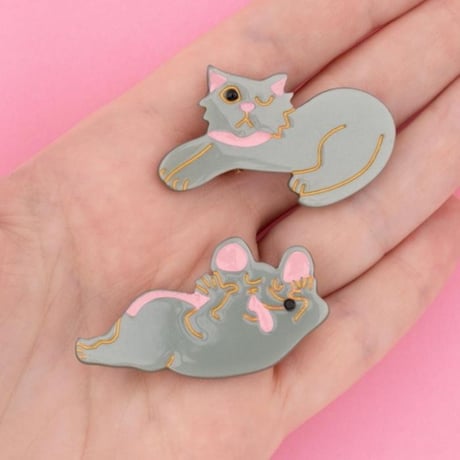 ククシュゼット 正規商品 ヘアアクセ クリップ ピン かわいい Coucou Suzette ネズミ&猫 ヘア クリップ グレー Grey 2個セット(mandcatclip)