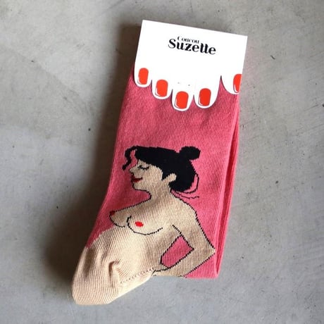 ククシュゼット 正規商品 靴下 おしゃれ ベビーシャワー ギフト フランス クルー丈 Coucou Suzette 黒髪 妊婦 ソックス Pregnant Woman Socks Metis ピンク