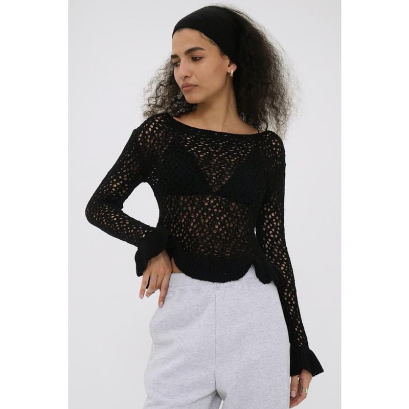 CLANE / BOAT NECK CROCHET KNIT TOPS / 18106201