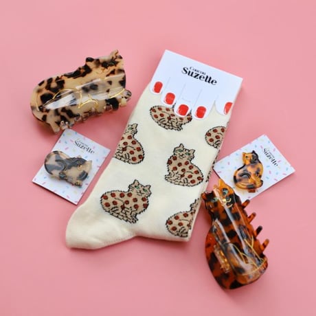 ククシュゼット 正規商品 靴下 レディース かわいい 猫 フランス クルー丈 Coucou Suzette ベンガル キャット ソックス Bengal Cat Socks アイボリー Ivory
