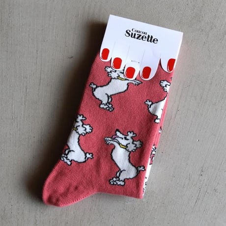 ククシュゼット 正規商品 靴下 レディース かわいい おしゃれ 犬 フランス クルー丈 Coucou Suzette ホワイト プードル ソックス Poodle Socks ピンク Pink