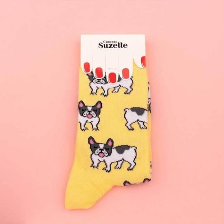 ククシュゼット 正規商品 靴下 レディース かわいい 犬 フランス クルー丈 Coucou Suzette ブルドッグ ソックス French Bulldog Socks イエロー Yellow