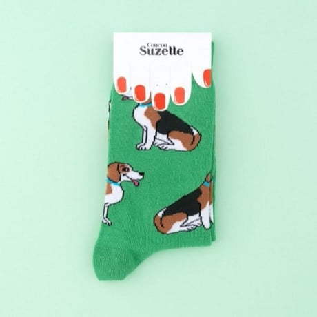 ククシュゼット 正規商品 靴下 レディース おしゃれ かわいい 犬 フランス クルー丈 Coucou Suzette ビーグル ソックス Beagle Socks グリーン Green