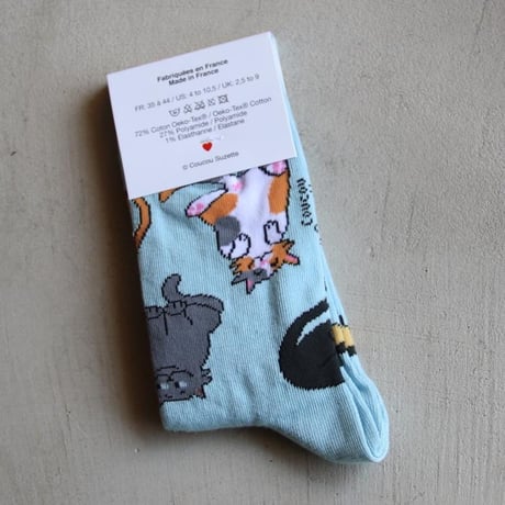 ククシュゼット 正規商品 靴下 レディース かわいい 猫 フランス クルー丈 Coucou Suzette ニャオ キャット ソックス Meow Socks スカイブルー Sky Blue
