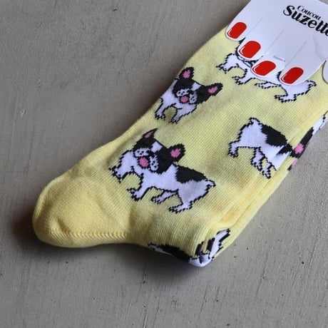 ククシュゼット 正規商品 靴下 レディース かわいい 犬 フランス クルー丈 Coucou Suzette ブルドッグ ソックス French Bulldog Socks イエロー Yellow