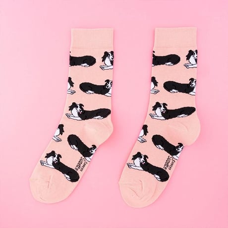 ククシュゼット 正規商品 靴下 レディース かわいい 犬 フランス クルー丈 Coucou Suzette ボーダー コリー ソックス Border Collie Socks サーモンピンク