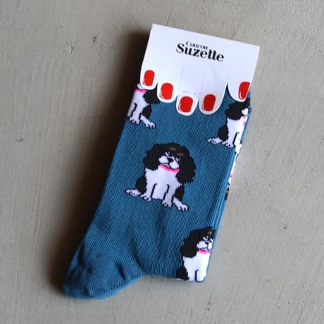 ククシュゼット 正規商品 靴下 レディース おしゃれ かわいい 犬 フランス クルー丈 Coucou Suzette キャバリア ソックス Cavalier Socks ネイビー Navy