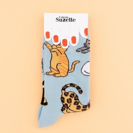 ククシュゼット 正規商品 靴下 レディース かわいい 猫 フランス クルー丈 Coucou Suzette ニャオ キャット ソックス Meow Socks スカイブルー Sky Blue