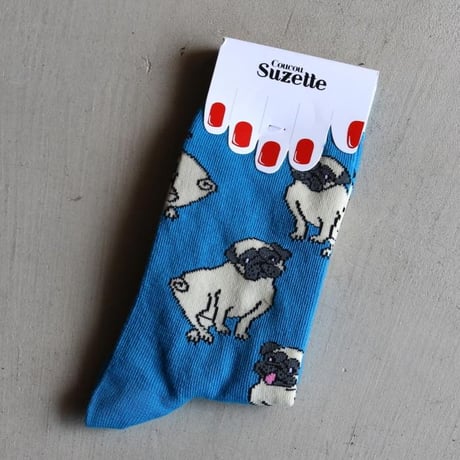 ククシュゼット 正規商品 靴下 レディース おしゃれ かわいい 犬 フランス クルー丈 Coucou Suzette パグ ソックス Pug Socks ブルー Blue