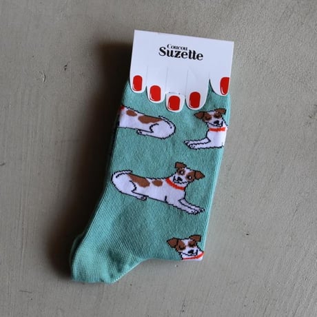 ククシュゼット 正規商品 靴下 レディース かわいい おしゃれ 犬 クルー丈 Coucou Suzette ジャックラッセル ソックス Jack Russel Socks ターコイズ ブルー