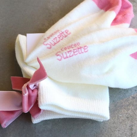 ククシュゼット 正規商品 靴下 レディース クルー丈 ギフト Coucou Suzette ピンク リボン ソックス Pink Ribbon Socks ホワイト×ピンク White×Pink
