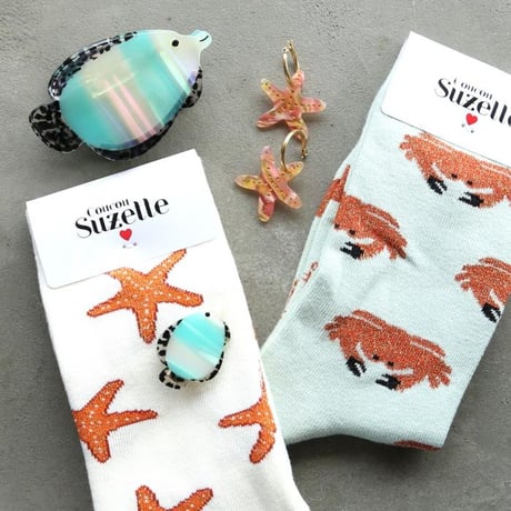 ククシュゼット 正規商品 靴下 Coucou Suzett レディース 個性的 海 フランス クルー丈 カニ ソックス Crab Socks ミント Mint