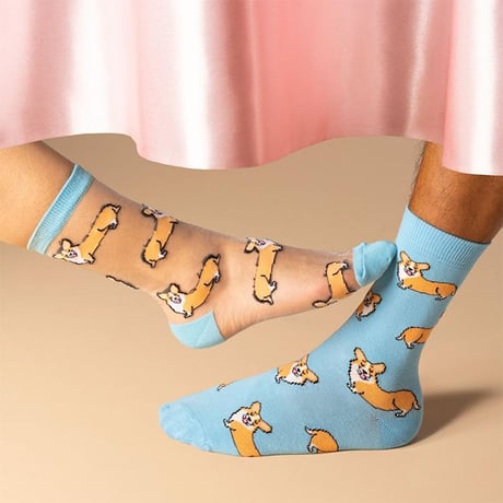 ククシュゼット 正規商品 靴下 レディース かわいい おしゃれ 犬 フランス クルー丈 Coucou Suzette コーギー ソックス Corgi Socks スカイ ブルー Sky Blue