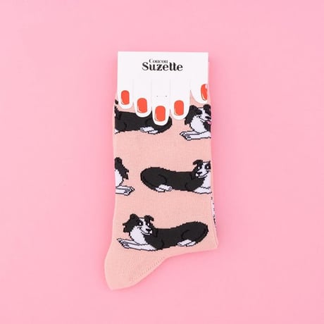 ククシュゼット 正規商品 靴下 レディース かわいい 犬 フランス クルー丈 Coucou Suzette ボーダー コリー ソックス Border Collie Socks サーモンピンク