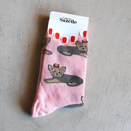 ククシュゼット 正規商品 靴下 レディース おしゃれ かわいい 犬 フランス クルー丈 Coucou Suzette ヨークシャ テリア ソックス Yorkshire Socks ピンク PInk