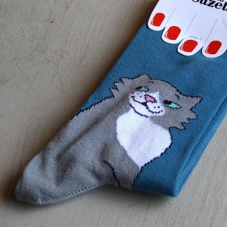 ククシュゼット 正規商品 靴下 レディース おしゃれ かわいい 猫 フランス クルー丈 Coucou Suzette キュート キャット ソックス Cute Cat Socks ネイビー Navy