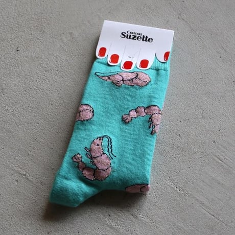 ククシュゼット 正規商品 靴下 レディース エビ フランス ギフト おしゃれ 海 かわいい Coucou Suzette シュリンプ ソックス Shrimp Socks ターコイズ Turquoise