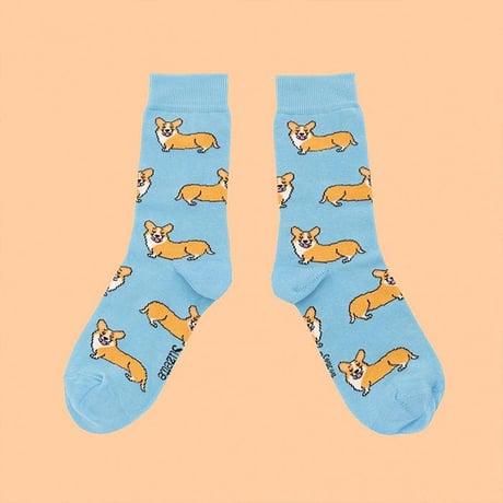 ククシュゼット 正規商品 靴下 レディース かわいい おしゃれ 犬 フランス クルー丈 Coucou Suzette コーギー ソックス Corgi Socks スカイ ブルー Sky Blue