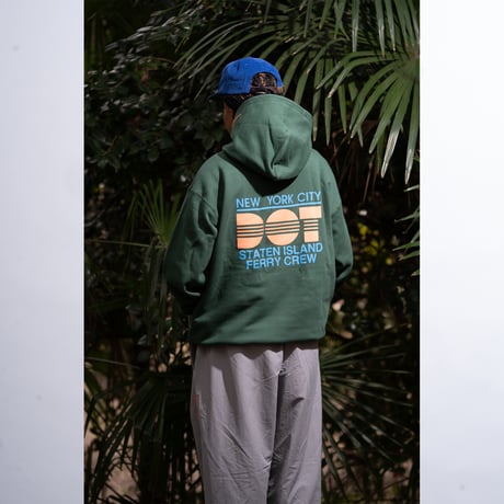 "STATEN ISLAND FERRY CREW TYPE" 10oz COTTON HOODIE GREEN