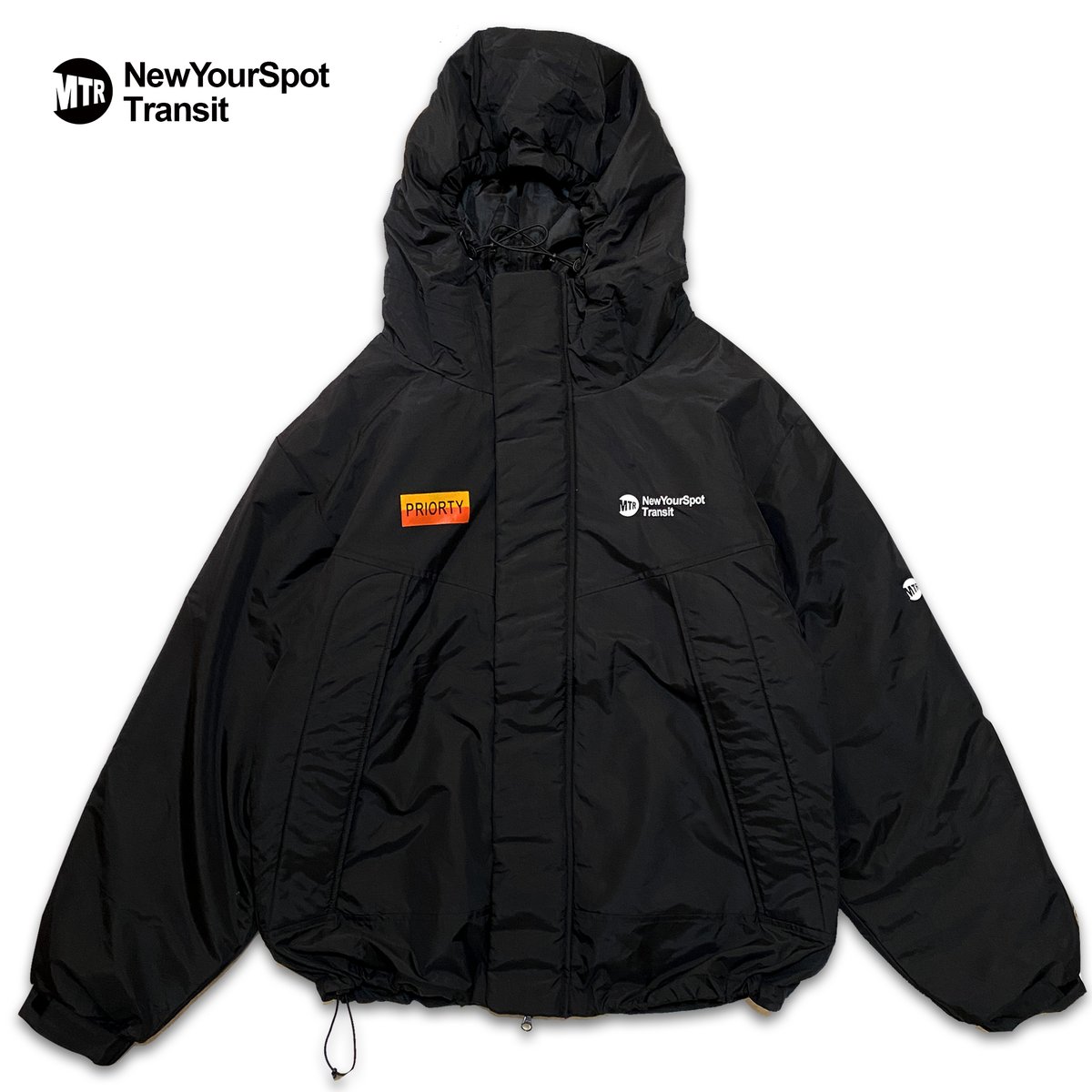 【TRANSIT】フード付きブラックジャケット PRADA (プラダ) コットン×ナイロン 切替 メタルロゴ フード付き